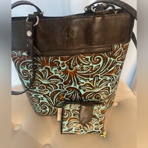 PATRICIA NASH Albi Tooled Turquoise Convertible Backpack Bag With IBeria Wallet
